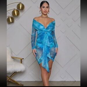 Lilly's Kloset Sheer Blue Draped Off the Shoulder Mini Dress